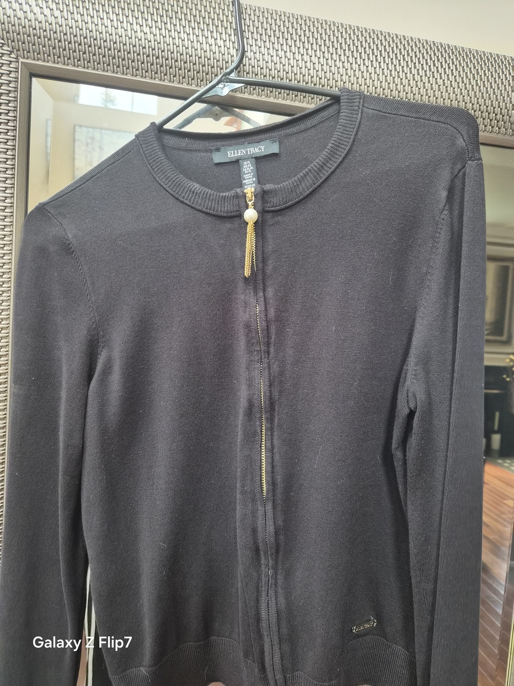 Ellen Tracy Black Zip-Front Cardigan Jacket with Gold Zipper Pull